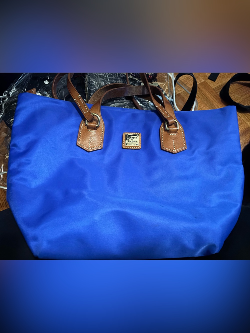 Dooney & Bourke Royal Blue Nylon Tote with Brown Leather Trim